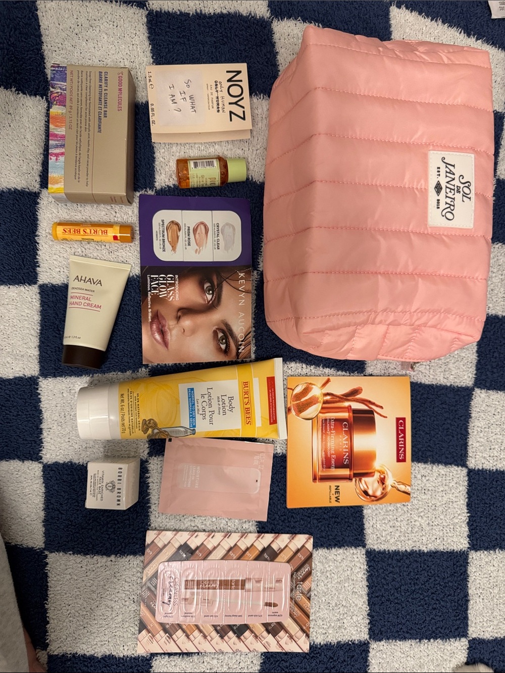 11 Piece Sol de Janeiro Pink Quilted Cosmetic Makeup Bag with Samples